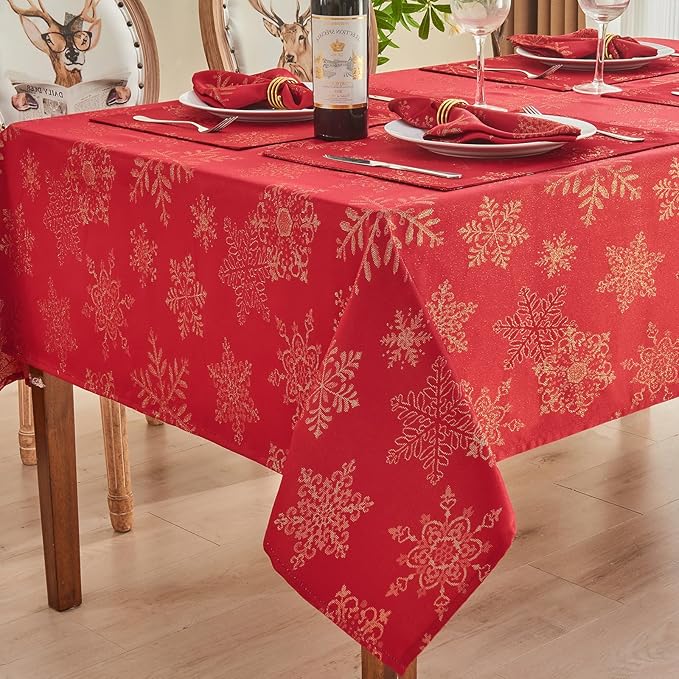 Rectangle Fancy Metallic Sparkling Snowflake Christmas Fabric Table Cloth red Hunter Gold Navy White Silver No-Iron Soil Resistant Woven Holiday Table Cover(Red Gold/60x104Inch)