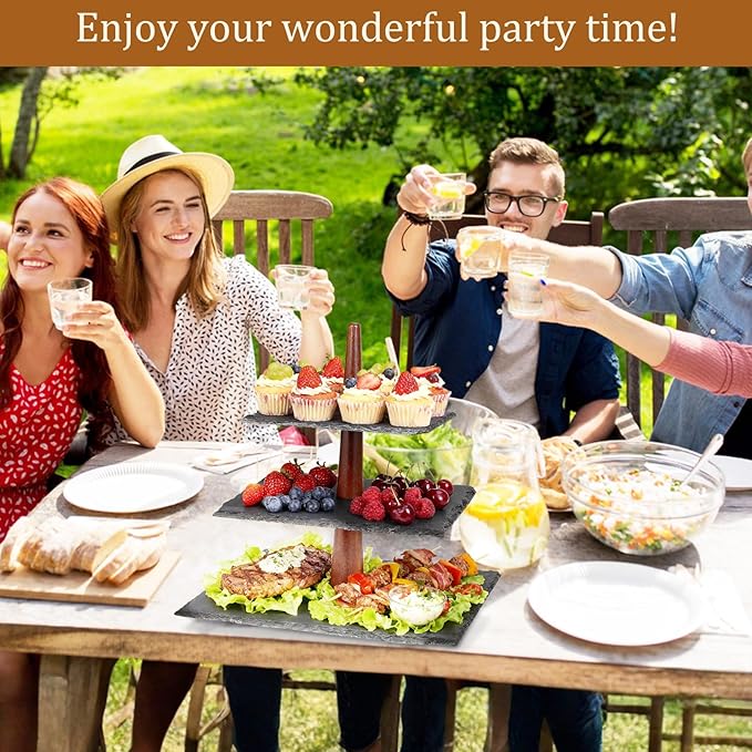 3 Tier Serving Tray Stand, Square Slate & Acacia Wood Tiered Display for Desserts, Appetizers, Cupcakes - Rustic Modern for Weddings, Parties, Christmas
