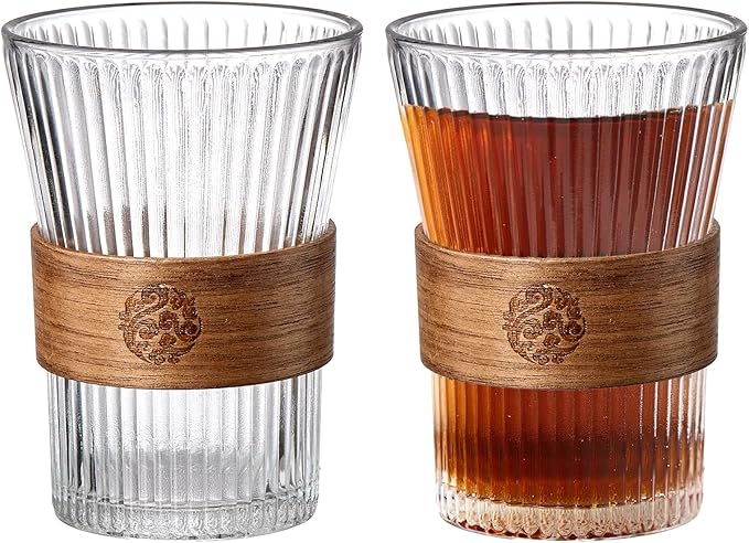 RDLBBS 2PCS Glass Coffee Mug 9oz with Bamboo Sleeve,Espresso Cups Drinking Cup set, Home Essential Glass Tumblers for Beer, Cocktail, Tea and Latte Clear