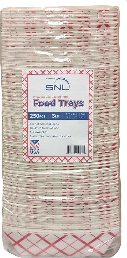 SNL 3lb Paper Food Trays, Durable, Made in USA. Holds Nachos, Fries, Hot Corn Dogs, Ice Cream and more. - 3 Pound Capacity, 250 Pack