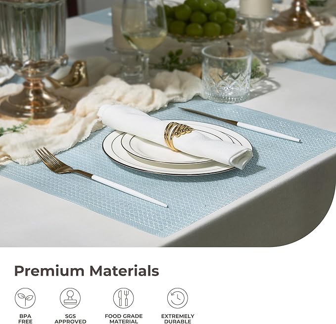 Leetaltree Sparkling Mist Blue Sequin Woven Vinyl Placemats, Set of 12 - Waterproof & Washable Dining Table Mats for Wedding, Anniversary, Daily Use, Hand-Cut