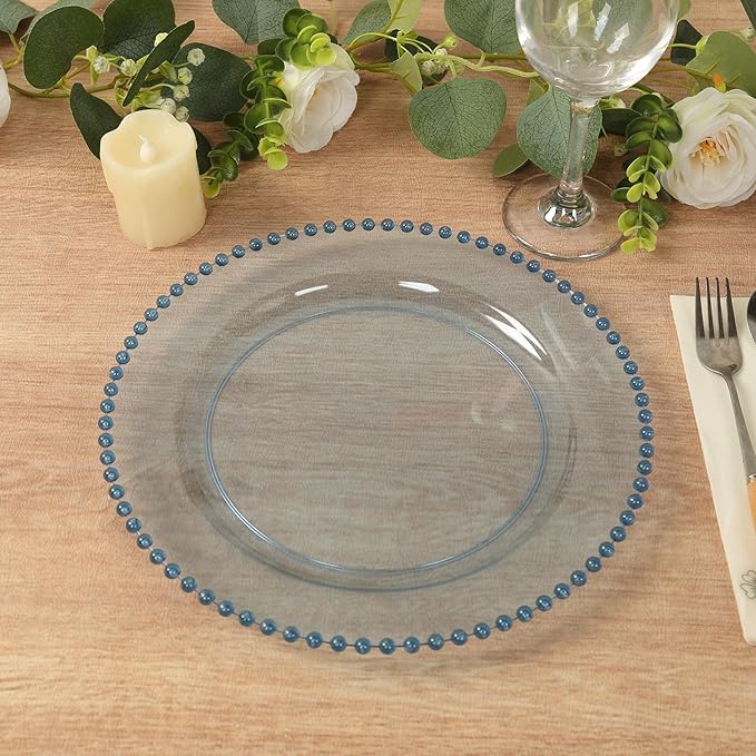 8" Salad Plates - Set of 20 - Plastic Transparent Dusty Blue Round Disposable Dessert Appetizer Plate Beaded Rim, Ideal for Dinner Party Wedding Bulk Events