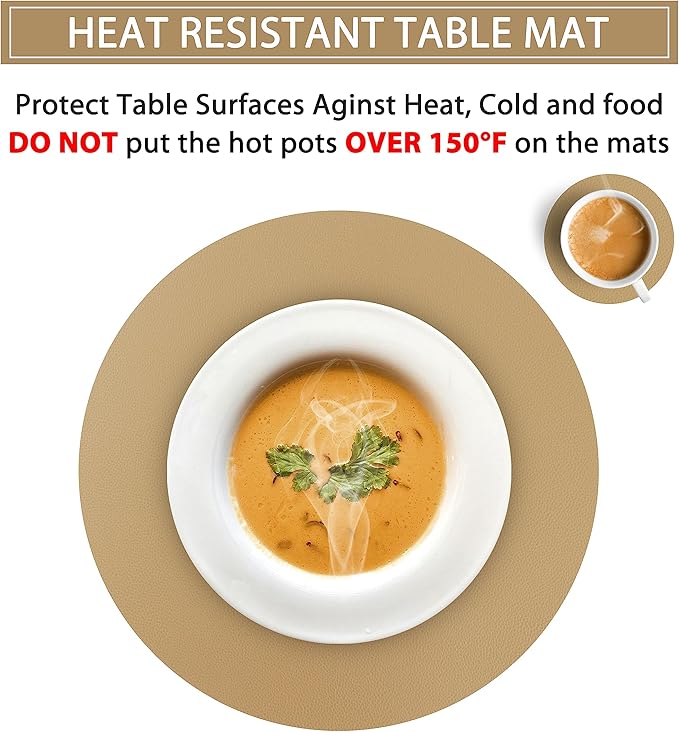 Wipeable Placemats and Coasters Leather Table Mats Waterproof Heat-Resistant Easy to Clean for Dining Table Set Kitchen Table Set of 4, Buff