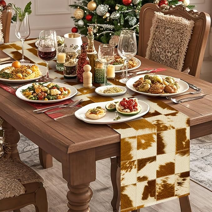 Cow Pattern White Table Runner Farmhouse Fall Kitchen Dining Linen Table Decoration for Indoor Outdoor Home Party Decor 13 x 72 Inch