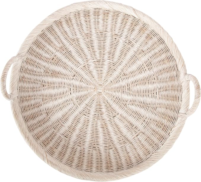 Kate and Laurel Cormont Modern Round Woven Rattan Tray with Handles; 23 Inch Diameter; Whitewash Rattan; Decorative Circle Boho Tray for Use as Versatile Ottoman Tray or Serving Platter