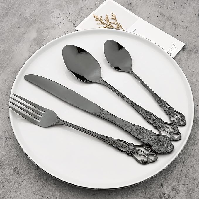 Mirror Polished Black Silverware Set, 24-Piece 18/10 Stainless Steel Shiny Finish Flatware Set Service for 6, Kitchen Utensil Set, Tableware Cutlery Set for Home and Restaurant Dishwasher Safe