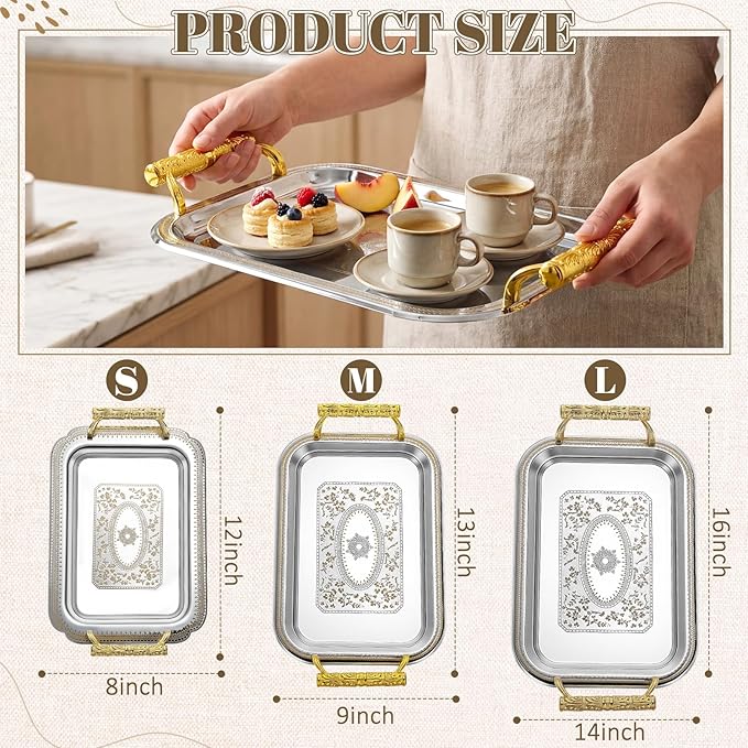 3 Pack Stainless Steel Serving Tray with Gold Handle Silver Metal Plate Platter Coffee Tea Serving Tray Floral Table Platter for Buffet Wedding Party Jewelry(Rectangle)