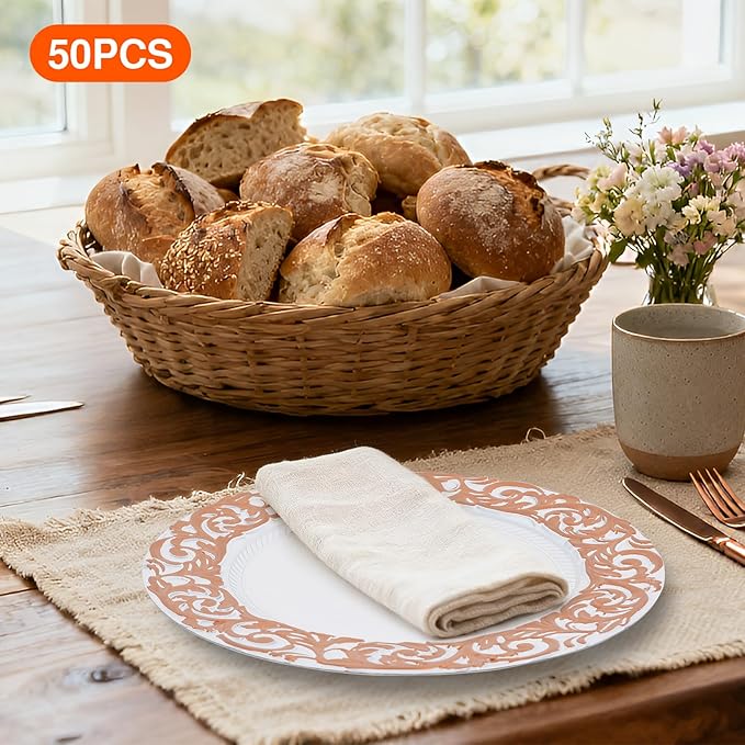 50 Pcs Antique Charger Plates Bulk 13" Round Floral Chargers for Dinner Plates, White Charger Plates for Wedding, Party, Elegant Tabletop Decor (White+Rose Gold)