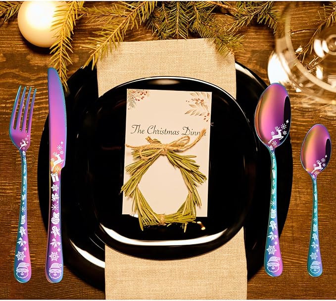 Vilihkc Christmas Style Silverware Set,20 Piece Stainless Steel Flatware Set, Kitchen Utensil Set Service for 4,Tableware Cutlery Set for Home and Restaurant,Dishwasher Safe