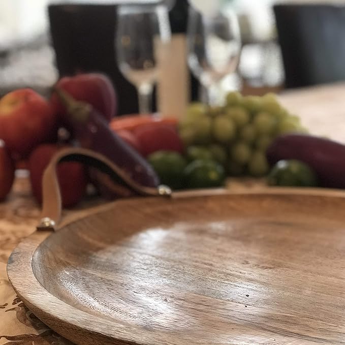 Mango Wood Board Server Trays, Set of 2, Desserts, Charcuterie, Snacks, Serving, Brown Leather Handles, Rustic Rounds, 15 and 12 Inches Diameter