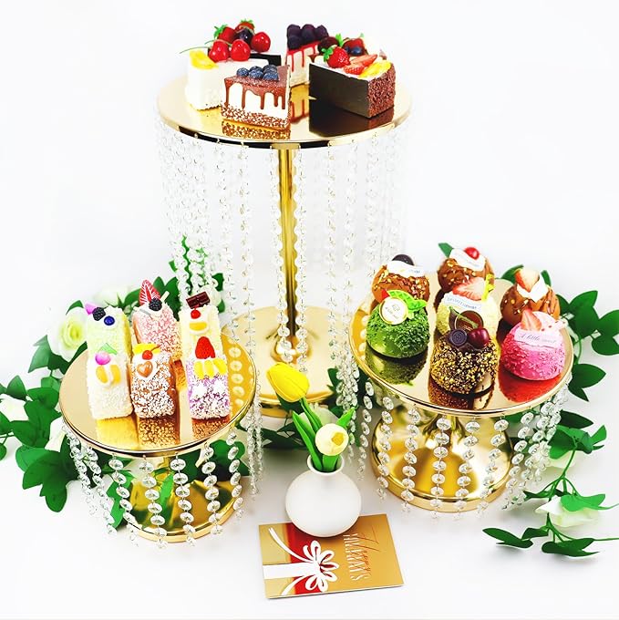 6 Pcs Crystal Gold Cake Stand for Party, Gold and Crystal Dessert Table Display Set, Vintage Metal Cupcake Stand Includes Protective Film
