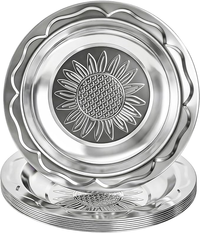 ZEAYEA 8 Pack Stainless Steel Round Tray, 11.8 Inch Metal Bar Serving Tray with Sunflower Pattern, Silver Decorative Display Serving Platter for Coffee Table, Party, Home, Ottoman