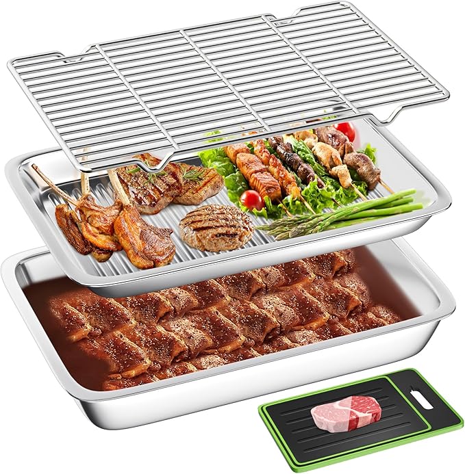 Grilling Prep and Serve Trays, Set of 4 Stackable Stainless Steel BBQ Trays with Cutting Board, Deep Marinating Container, Serving Platter for Plating Food, BBQ Prep Tub for Marinating Meats