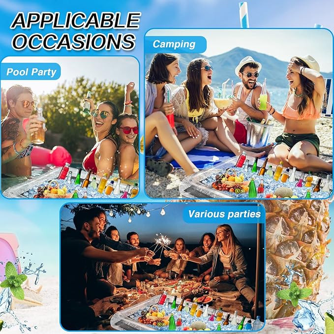 Leitee Inflatable Serving Bar with Drain Plug 52 x 24 x 5'' Inflatable Ice Serving Buffet Bar for Party Food Cooler Buffet Drink(Silver,Sequin Style)