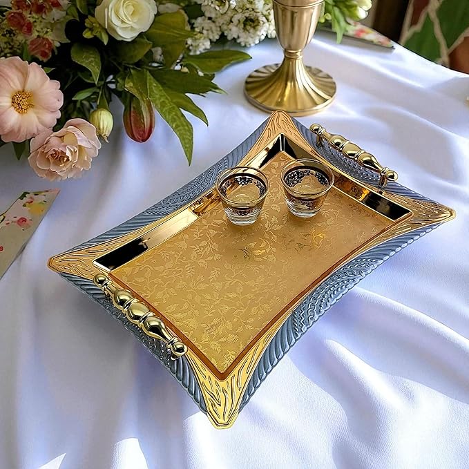 (Pack of 2 14.1 inch x 10.2 inch Star Shape Iron Gold Serving Tray with Handles Floral Engraved Decorative Holiday Wedding Birthday Dessert Wine Candle Platter Plate Party NC-216