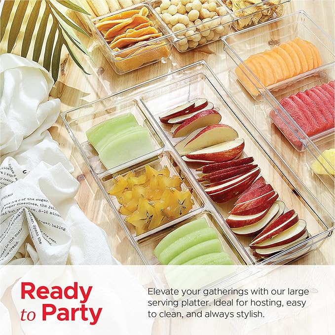 2 Pack 4-Section Serving Platter & Clear Acrylic Party Tray - BPA Free Food, Cookie & Charcuterie Tray for Cheese, Fruit & Snacks - Elegant, Durable Design for Every Occasion