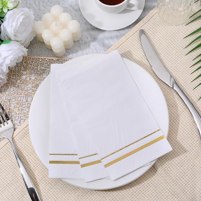 200 Pcs Disposable Napkins 3 Ply White and Gold Trim Napkins Soft Absorbent Paper Guest Towels for Bathroom Wedding Dinner Anniversary Bridal Baby Shower Birthday Party