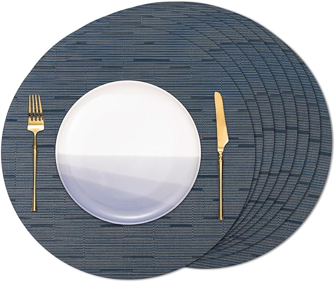 Round Placemats Set of 8 Heat Resistant Vinyl Placemats 15 inch Washable Non-Slip Table Mats Woven Place Mats for Dining Table (Black + Dark Blue, Set of 8)