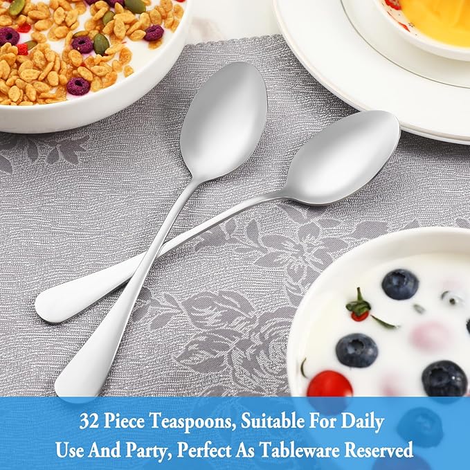 32 Pcs Teaspoons Set, Food Grade Stainless Steel Tea Spoons, Durable Small Spoons, Metal Dessert Spoon, Spoon Silverware for Home, Kitchen or Restaurant, Mirror Polished & Dishwasher Safe, 6.7-Inch