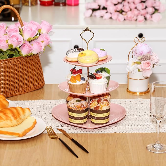 Layhit 1 Pack Valentine's Day 3 Tier Cupcake Stand Heart Shaped 3 Tiered Serving Trays for Party Plastic Tray Dessert Cupcake Stand for Tea Party Baby Shower Wedding (Pink)