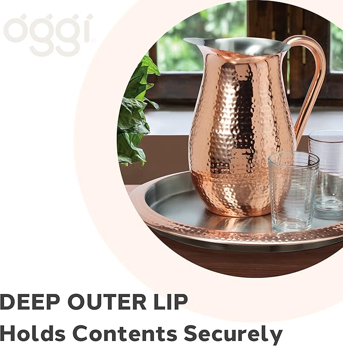 OGGI Round Stainless Steel Tray with Copper Rim 14" - Ideal for Coffee Table, Decorative, Tea and Bar Serving