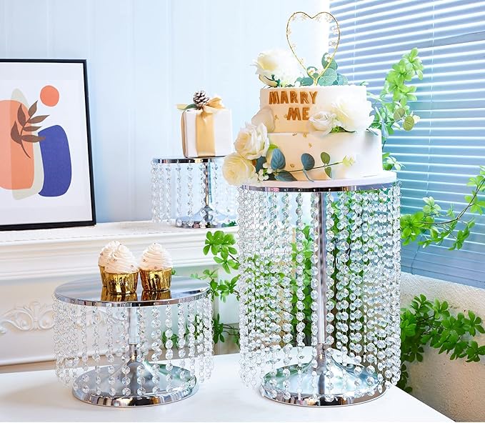 LoveCat Silver Cake Stand Set of 3, Round Charming Cake Pans with Crystal Beads for Dessert Table Christmas Wedding Birthday Baby Shower Display