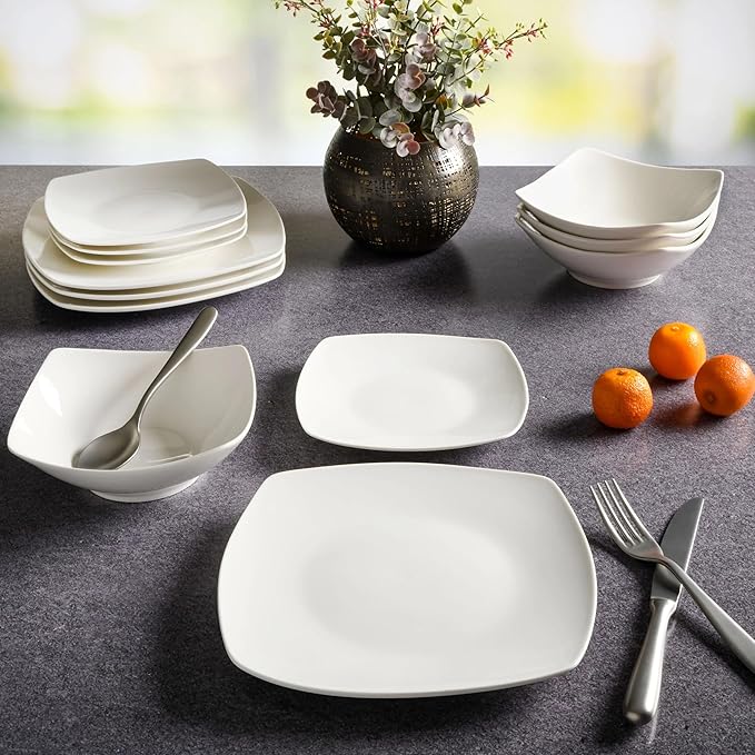 White Square Stoneware Dinnerware Set 12-Piece, Everyday Dishware Set for Home & Apartment, Durable & Stylish Tableware