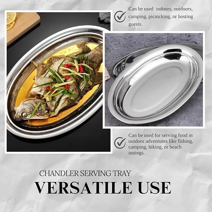 Chandler Stainless Steel Serving Tray - Oval Silver Food Tray - 3 mm Thick, Unbreakable - Anti Rust Serving Platter - Dinner Trays - Dishwasher Safe Kitchen Tray (Silver, 18 Inches)