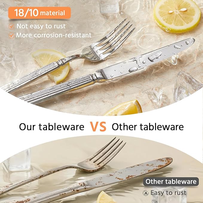 KINGSTONE Silverware Set, 60-Piece 18/10 Stainless Steel Flatware Set - Roman Column Embossed Thick Handle, for Wedding, Home, Restaurant, Kitchen and Party, Mirror Polish & Dishwasher Safe