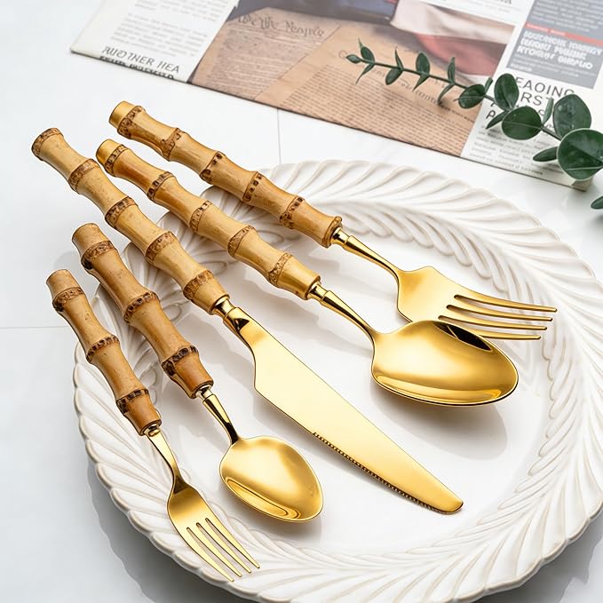 bamboo handle flatware sets for 8, 40 Piece Natural bamboo handle cutlery sets, silverware sets, dinnerware tableware set, Mirror Finished (40-Piece for 8)