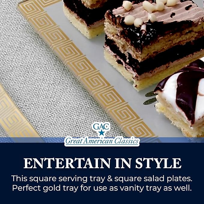 Square Tempered Glass Serving Tray – 13-Inch Decorative Platter with Gold Trim, Durable, Microwave Oven & Dishwasher Safe Food Tray for Serving Dishes, Snacks & Desserts, Ideal Gift for Mothers