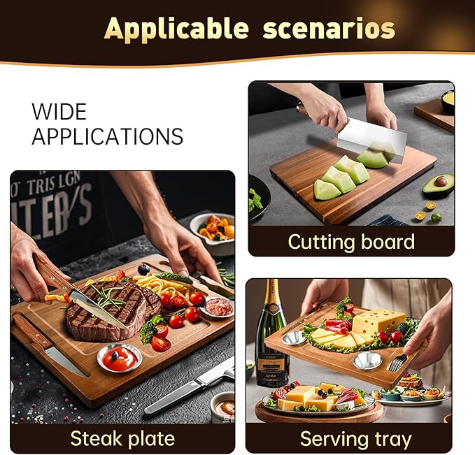 Acacia Wooden Steak Plates Board for Eating Set of 2,15.7" Meat Cutting Boards for Steak Food Serving Tray with Fork, Knife & Ramekins,Charcuterie Platter for Kitchen, BBQ & Entertaining