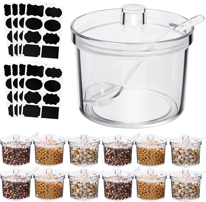 12 Pack Clear Sugar Bowls, 7.1 oz Acrylic Sugar Containers with Lids and Spoons with Tag, Dispenser Salt Bowl for Countertop, Toppings Containers for Serving Condimen Salt Tea Coffee Spices