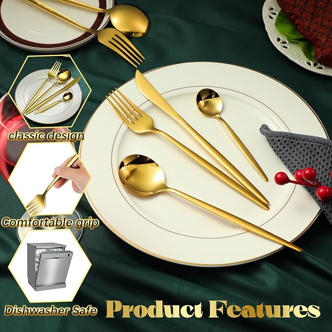 Yaomiao 400 Pcs Gold Silverware Set with Knives Spoons and Forks Portable Stainless Steel Flatware Reusable Utensils Dishwasher Safe Cutlery for Kitchen Restaurant Service