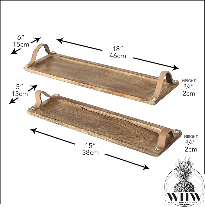 Farmer's Market Serving Board Trays, Brown Leather Handles, Food Safe, Rectangle Shape, Sustainable Mango Wood, Metal, Rustic Design,18 and 15 Inches Long
