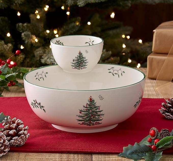 Spode Christmas Tree Tiered Chip and Dip Serving Set - 2-Piece Festive Snack Platter - Iconic Christmas Tree Motif - Porcelain, Dishwasher, Microwave, Freezer Safe - Holiday Serveware