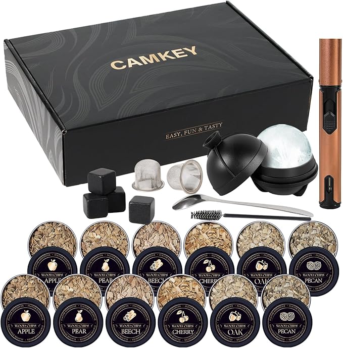 25Pcs Whiskey Smoker Kit-12 Wood Chips, Ice Ball Mold, Cocktail Smoker Infuser Kit, Old Fashioned Drink Smoker Kit, Christmas Birthday Bourbon Whiskey Gifts for Men,Husband,Dad,Him
