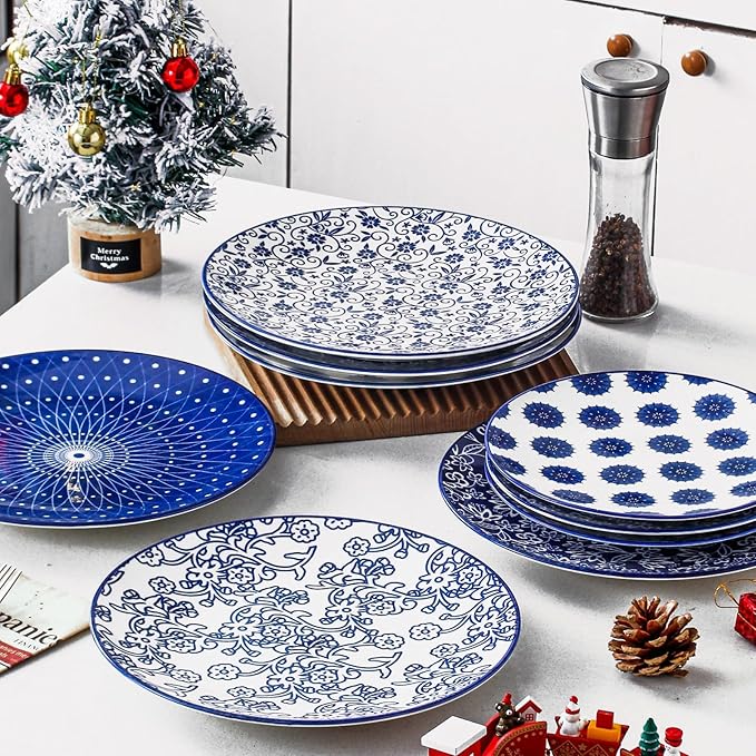 Ceramic Dinner Plates Set - 10.5 Inch Large Kitchen Porcelain Salad Serving - Scratch Resistant Microwave Oven Dishwasher Safe - Dishes for Pizza Pancakes Pasta Steak - Set of 6 - Vintage Blue