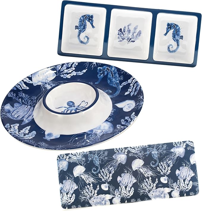 Sea Life Melamine 3-Piece Hostess Serving Set – Coastal Ocean-Themed Chip & Dip Bowl, 3-Section Relish Tray, and Rectangular Platter, Break-Resistant Nautical Tableware, Dishwasher Safe