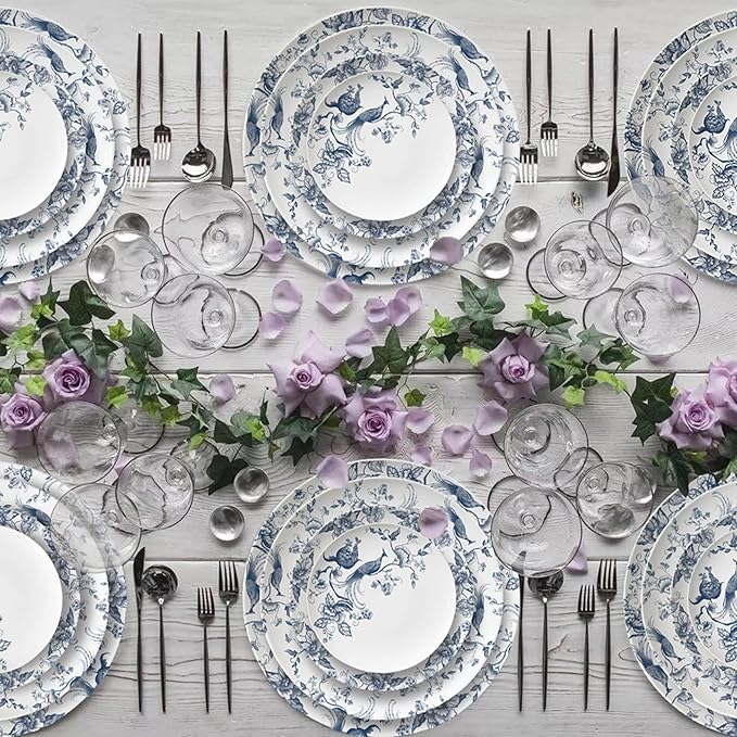 ceramic plate set for 4, 24 piece bone china dinnerware set, blue and white floral bird porcelain dishes sets for wedding, housewarming, hotel