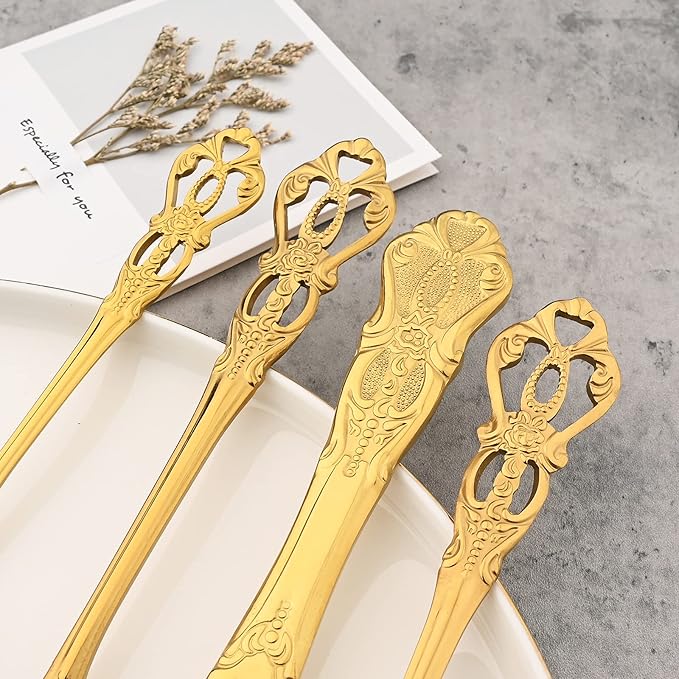 Mirror Polished Gold Silverware Set, 24-Piece 18/10 Stainless Steel Shiny Finish Flatware Service for 6, Kitchen Utensils, Tableware Cutlery for Home and Restaurant, Dishwasher Safe