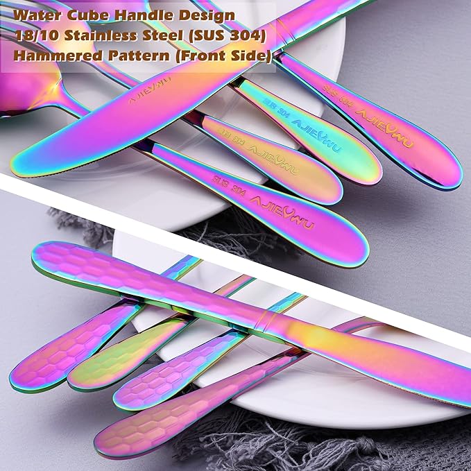 Rainbow Flatware Cutlery Silverware Set 40 Pieces, 18/10 Stainless Steel Colorful Utensils, Tableware Flatware Set Service for 8, Include Knife/Fork/Spoon, Mirror Polished, Dishwasher Safe (Rainbow)…