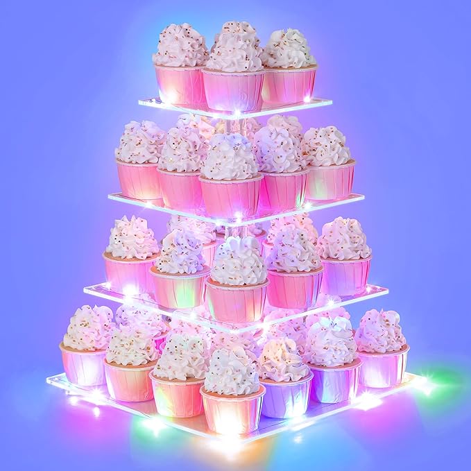 4 Tier Cupcake Stand with LED String Light, Acrylic Cupcake Display Stand, Square Cupcake Tower Holder, Cup Cake Stand for Birthday, Wedding, Baby Shower, Party