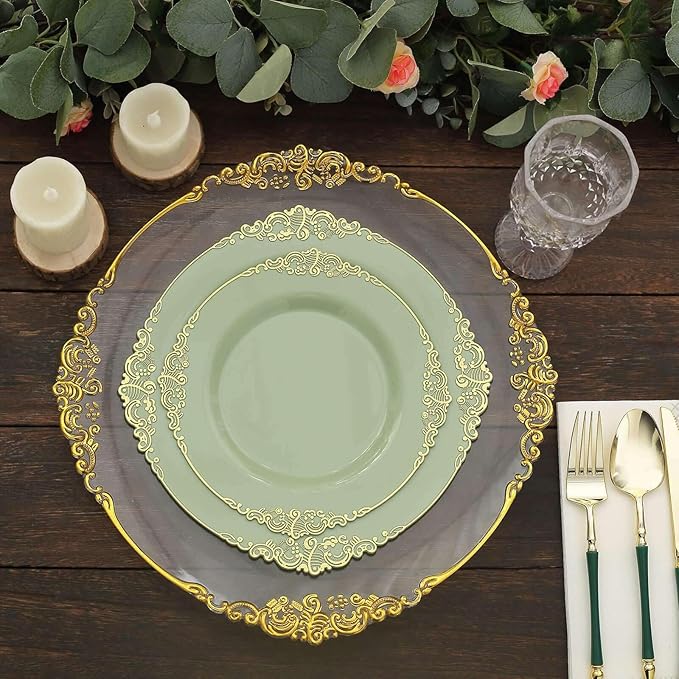 10" Dinner Plates -Set of 10 - Plastic Sage Green Round Baroque Disposable Chargers Leaf Embossed Rim, Ideal for Dinner Party Wedding Bulk Events