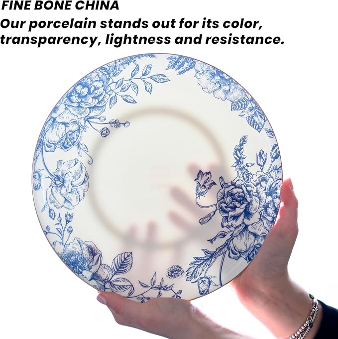 Blue Rose Plates and Bowls Sets Dishes Set for 4, Ceramic Plates and Bowls Set, Service for 4, Bone China Dinnerware Set Salad Dessert Plates, and Cereal Bowls Set, Microwave safe by KOKEN