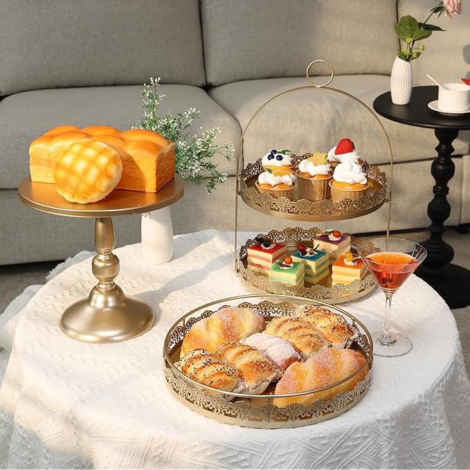 6 Pcs Gold Cake Stands Set, QENUIITEA Cake Display Pedestal Tiered Cupcake Holder Dessert Plate Serving Tower Tray Decorative for Wedding Birthday Party Baby Shower Celebration