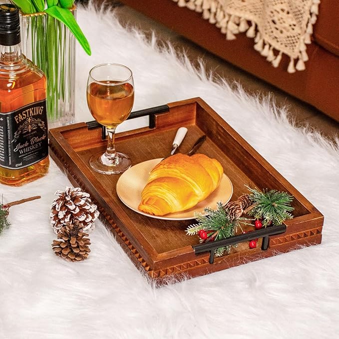Wooden Set of 2 Serving Trays with Metal Handles Vintage Ottoman Tray 15 X 11 Wooden Retro Decorative Trays with Geometric Beads for Dinner & Home Decor (2paxk)