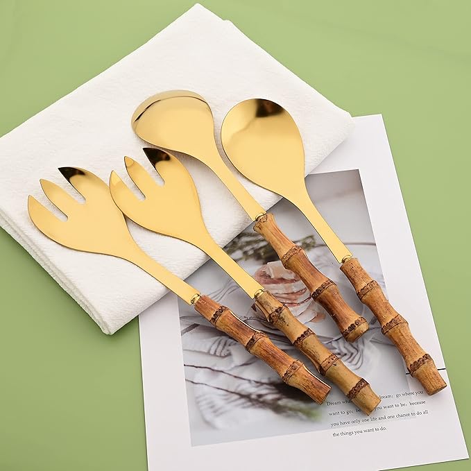 Serving Fork Set of 4 - Gold Stainless Steel Platters Forks - 10.0 inch Large Salad Forks with Natural Bamboo Handle - Use for Buffet/Banquet/Home/Kitchen/Party