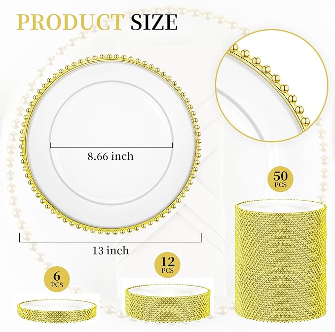 50 Pcs Clear Charger Plates with Beaded Rim 13 Inch Acrylic Gold Beaded Charger Plates Bulk for Wedding Party Dinner Birthday Decoration