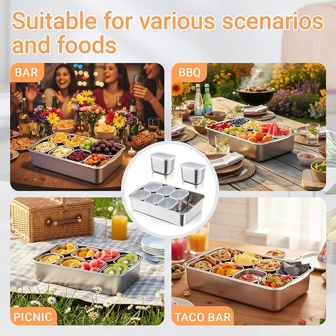 Stainless Steel Snackle Box Container, 8 Compartment Divided Serving Tray with Lid and Handle, Portable Snack Platters Storage Organizer for Fruit Candy Nuts Veggie Travel Party Picnic